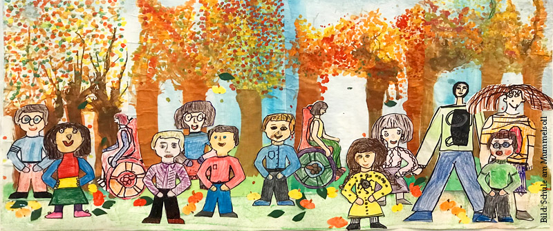 Schulsozialarbeit an der Schule am Mummelsoll, Förderzentrum, Schwerpunkt "Geistige Entwicklung", Berlin Marzahn-Hellersdorf, herbstlich bunt gemaltes Bild mit vielen Kindern und Bäumen Schulsozialarbeit an der Schule am Mummelsoll, Förderzentrum, Schwerpunkt "Geistige Entwicklung", Berlin Marzahn-Hellersdorf, herbstlich bunt gemaltes Bild mit vielen Kindern und Bäumen